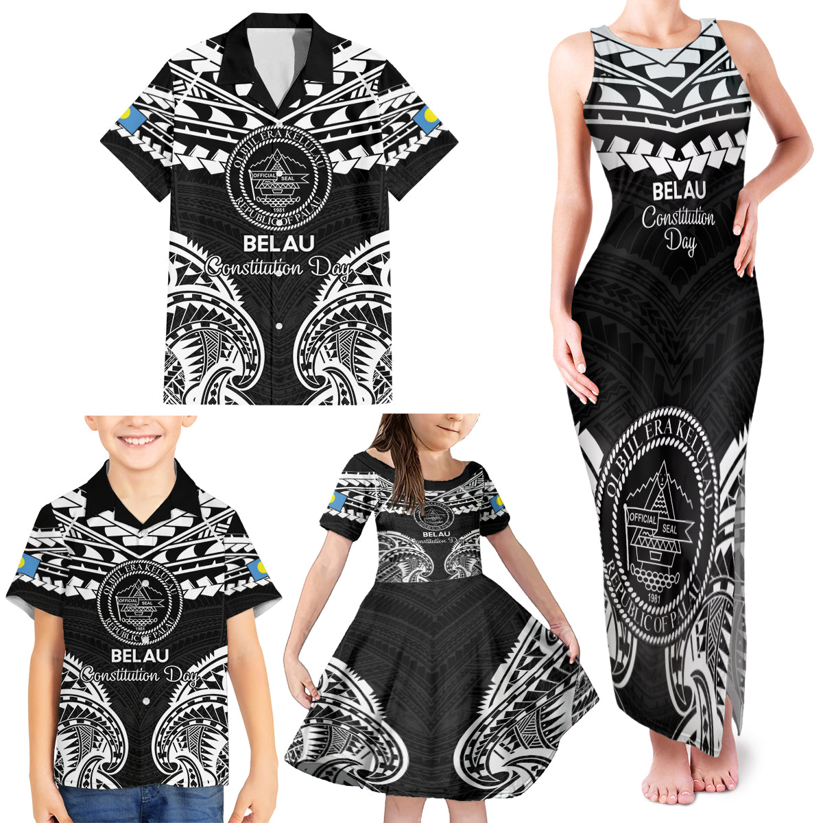 Palau Constitution Day Family Matching Tank Maxi Dress and Hawaiian Shirt Belau Seal With Polynesian Pattern - Black