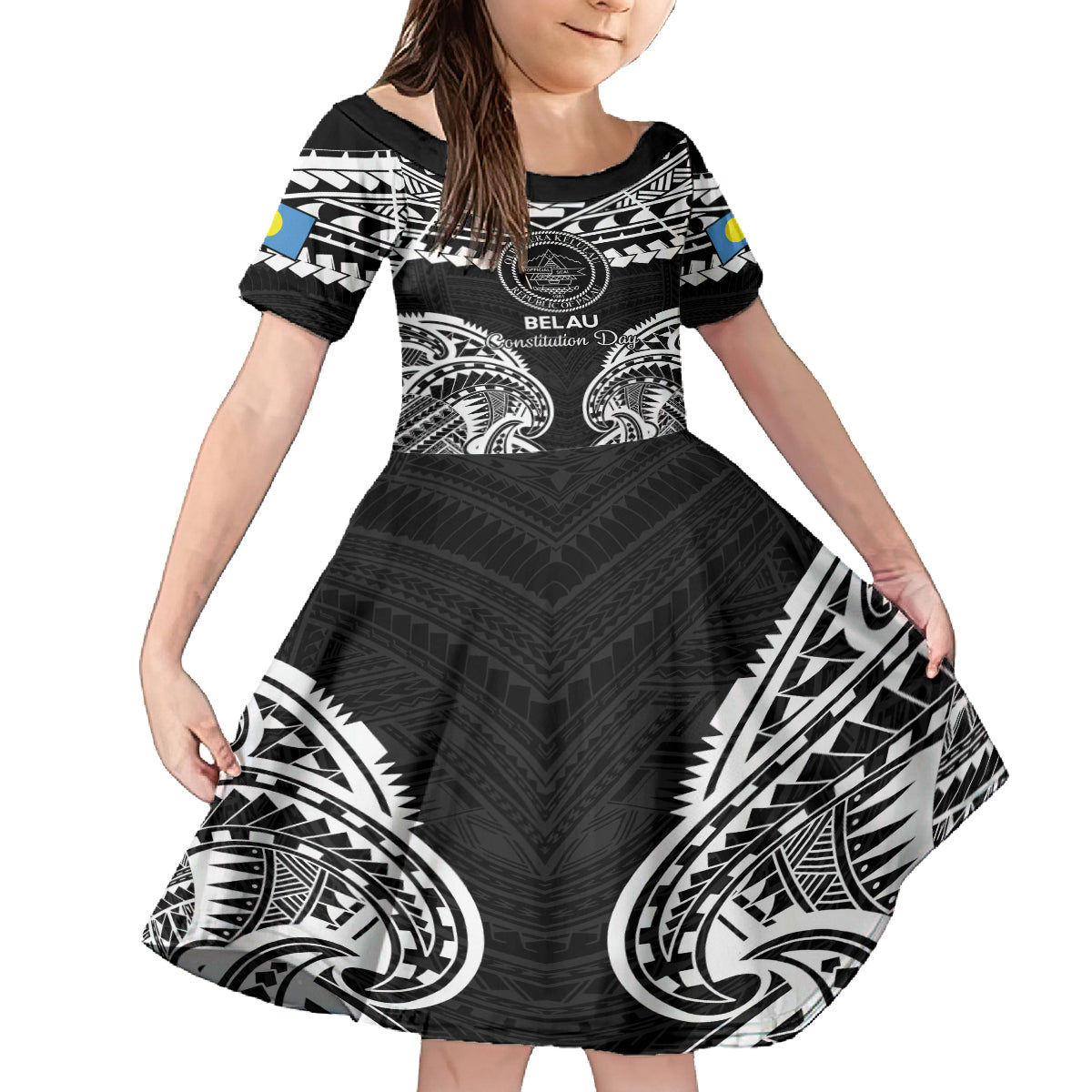 Palau Constitution Day Kid Short Sleeve Dress Belau Seal With Polynesian Pattern - Black