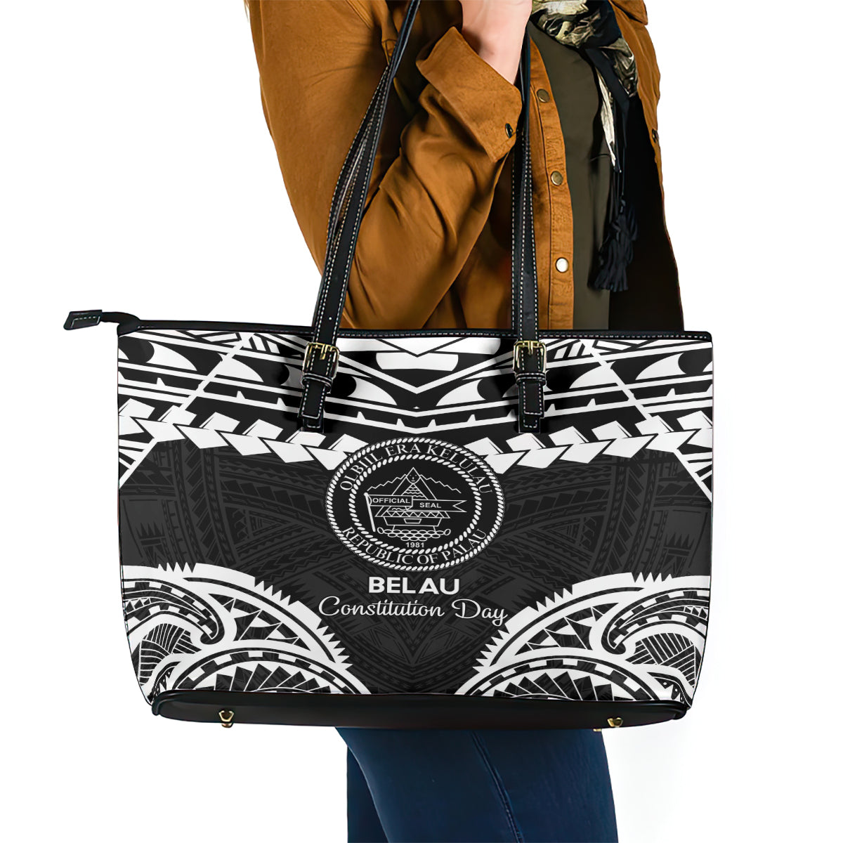 Palau Constitution Day Leather Tote Bag Belau Seal With Polynesian Pattern - Black