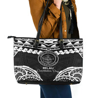 Palau Constitution Day Leather Tote Bag Belau Seal With Polynesian Pattern - Black