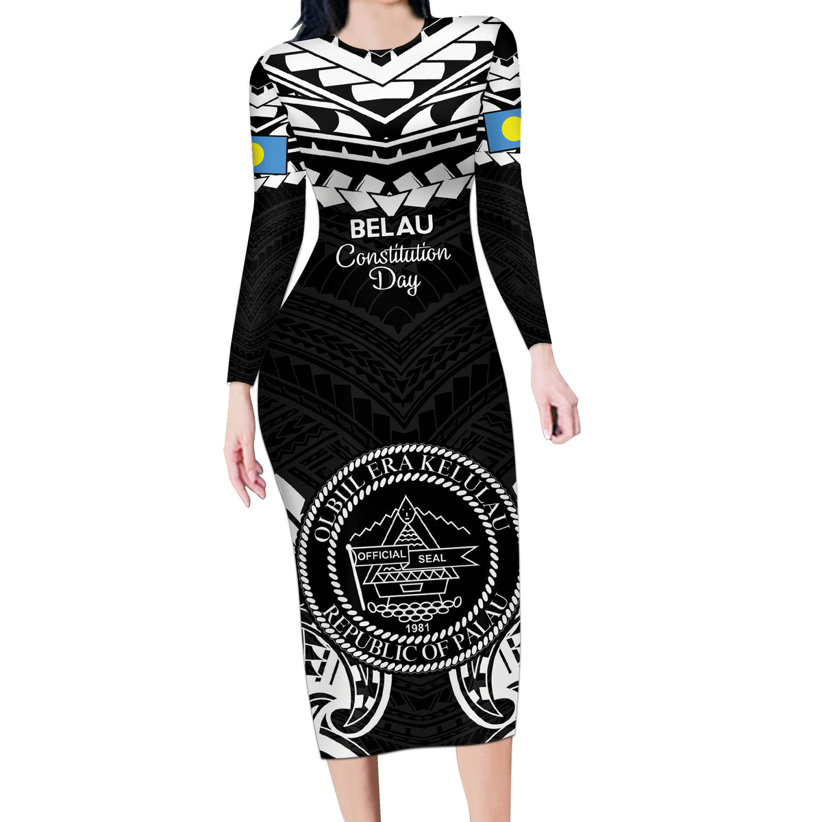 Palau Constitution Day Long Sleeve Bodycon Dress Belau Seal With Polynesian Pattern - Black