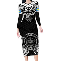 Palau Constitution Day Long Sleeve Bodycon Dress Belau Seal With Polynesian Pattern - Black