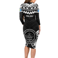 Palau Constitution Day Long Sleeve Bodycon Dress Belau Seal With Polynesian Pattern - Black