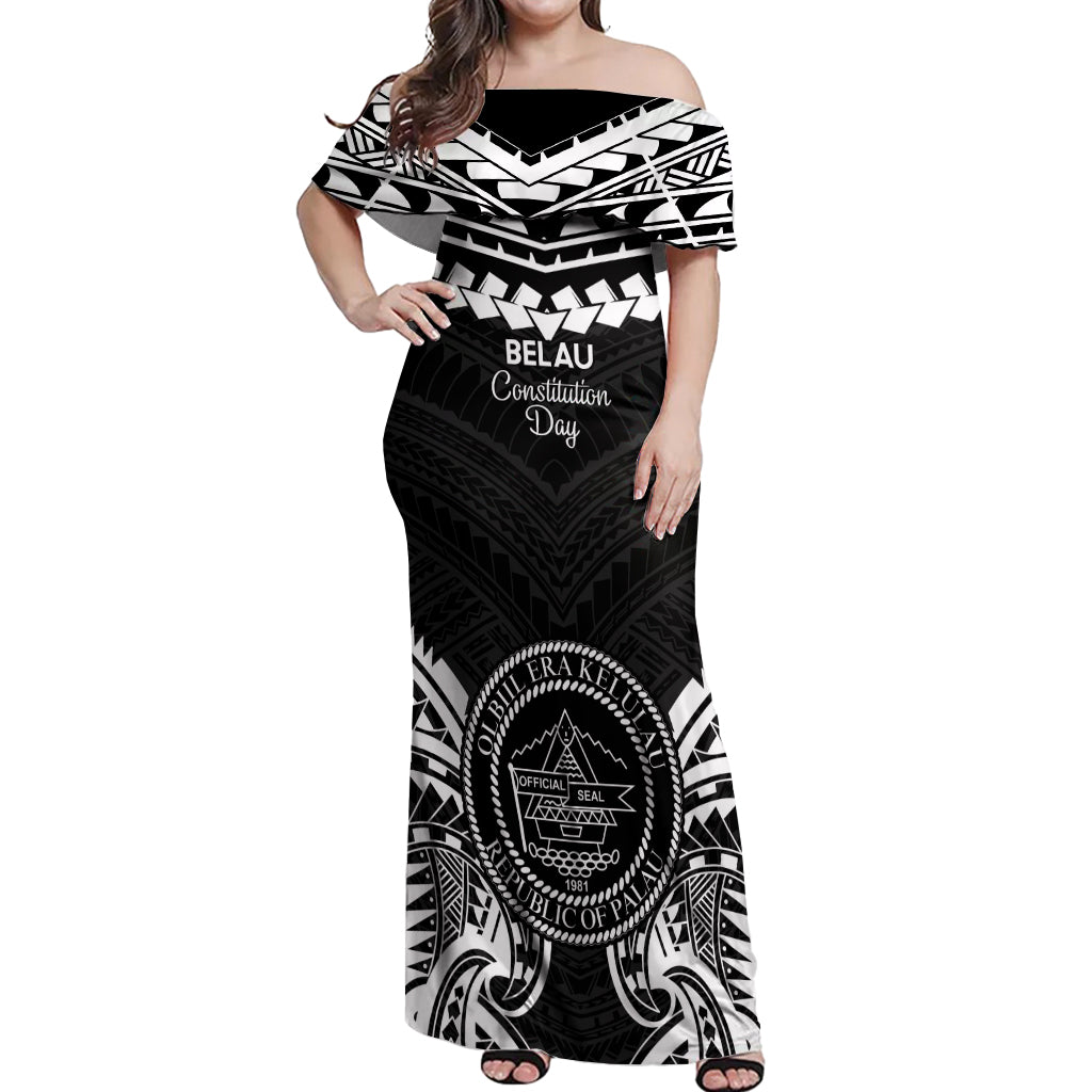 Palau Constitution Day Off Shoulder Maxi Dress Belau Seal With Polynesian Pattern - Black