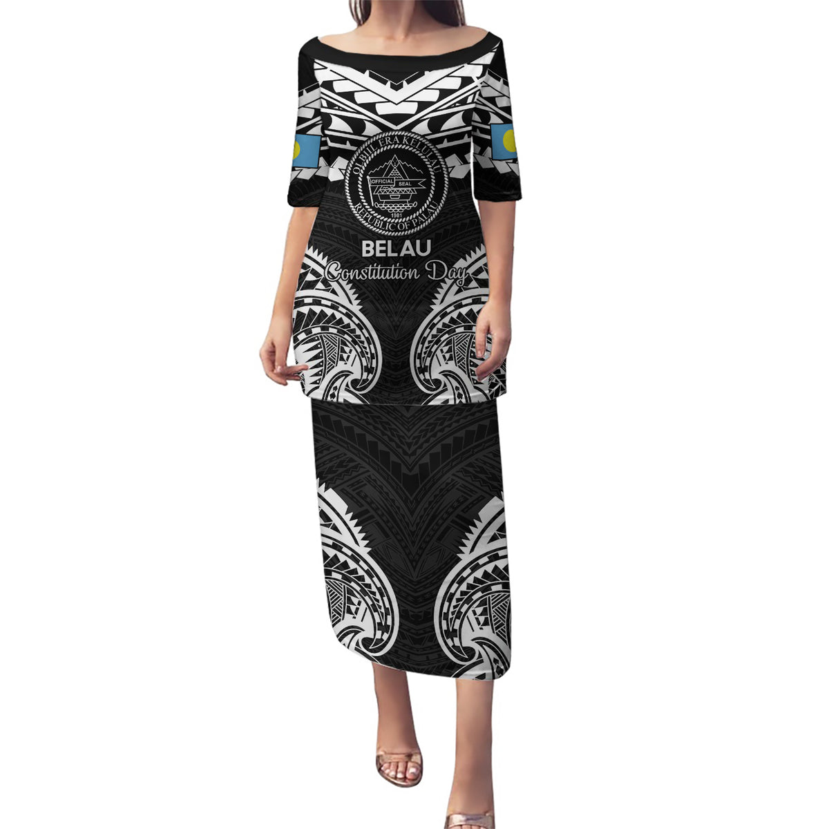 Palau Constitution Day Puletasi Belau Seal With Polynesian Pattern - Black