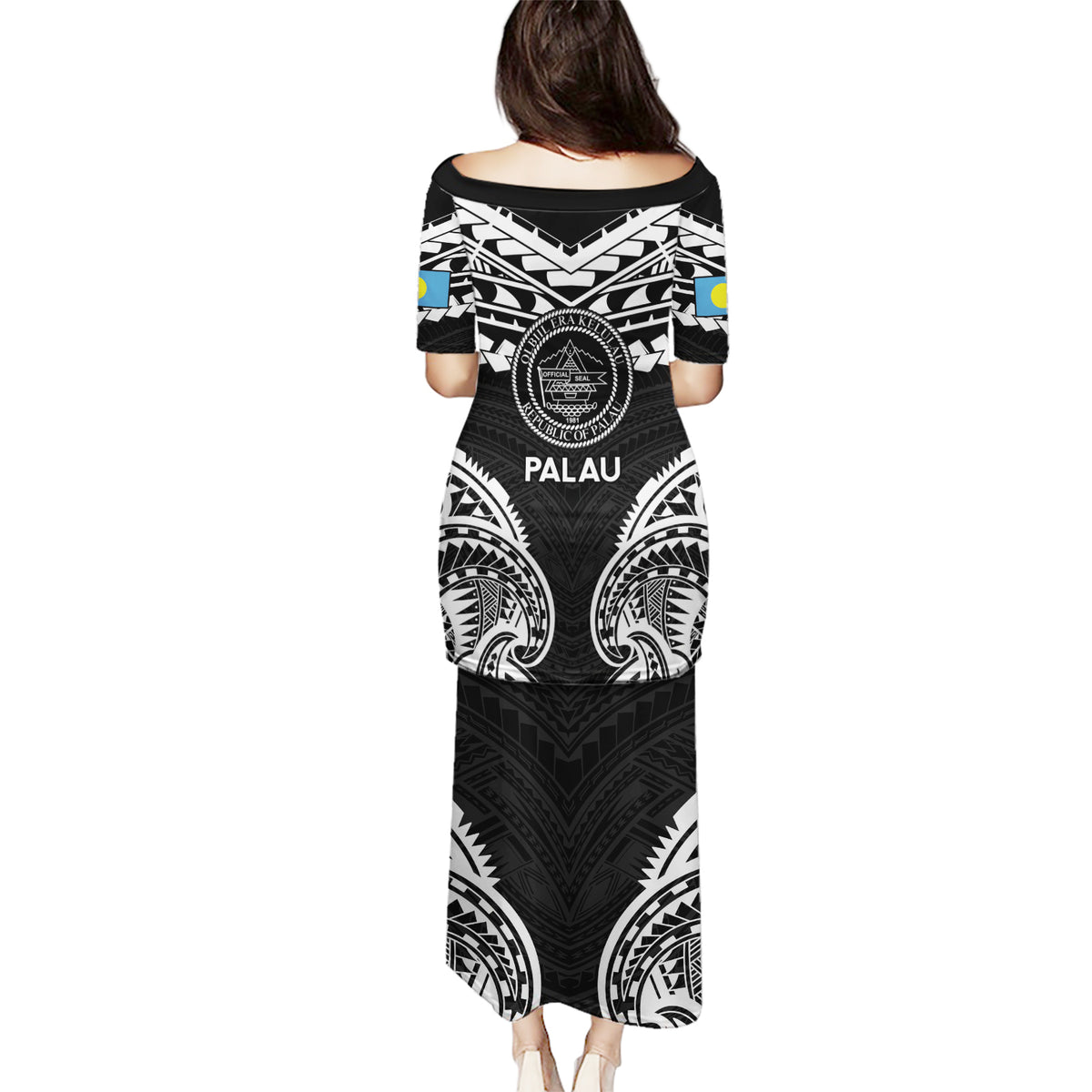 Palau Constitution Day Puletasi Belau Seal With Polynesian Pattern - Black