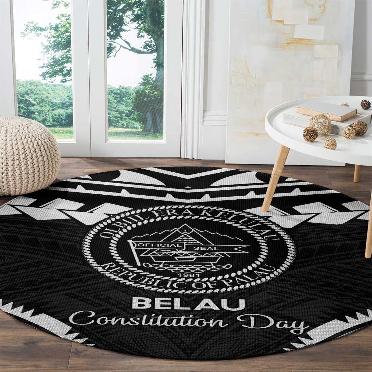 Palau Constitution Day Round Carpet Belau Seal With Polynesian Pattern - Black