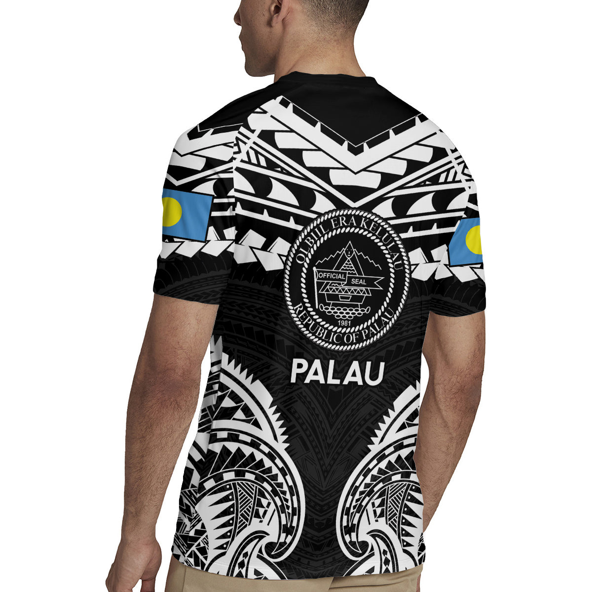 Palau Constitution Day Rugby Jersey Belau Seal With Polynesian Pattern - Black