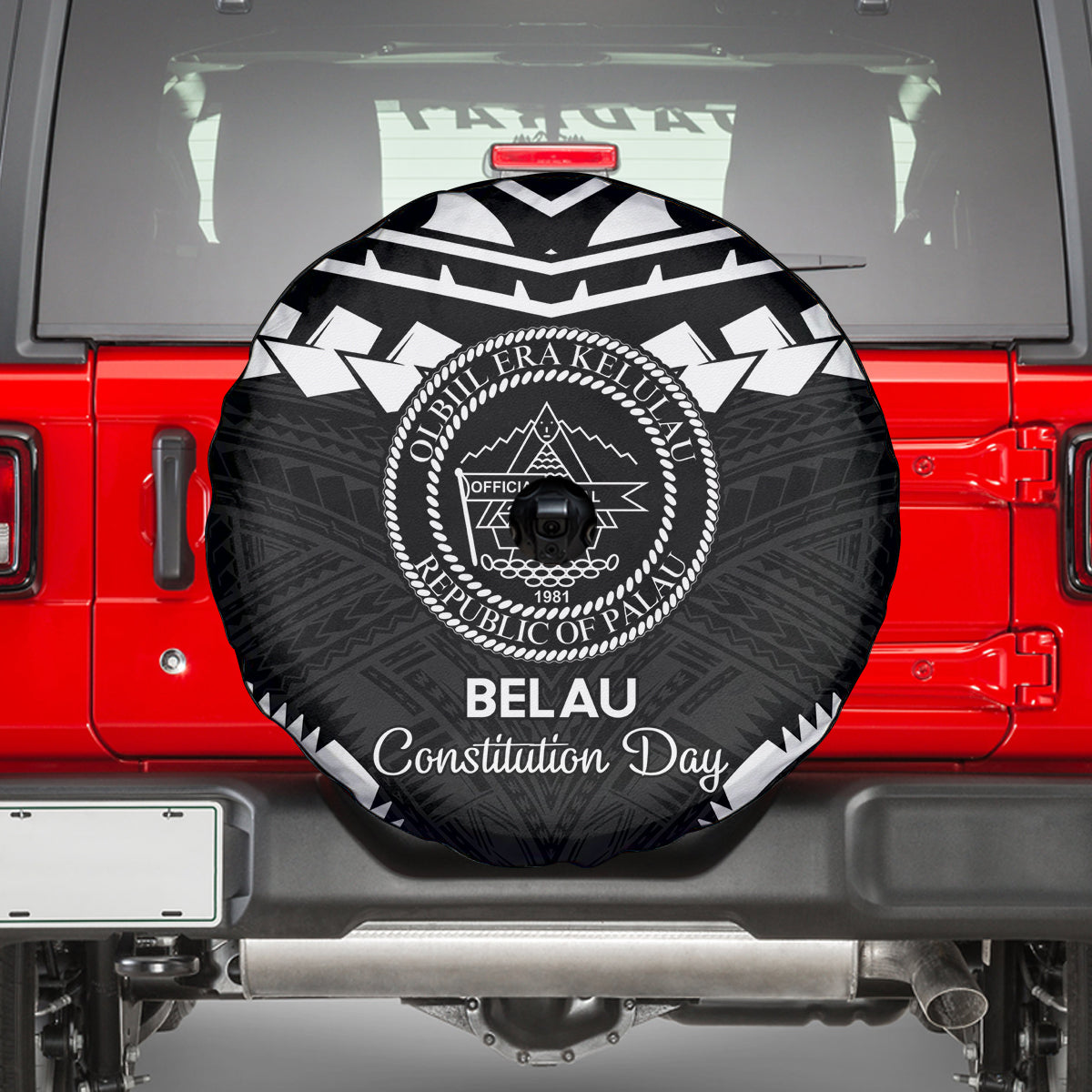 Palau Constitution Day Spare Tire Cover Belau Seal With Polynesian Pattern - Black