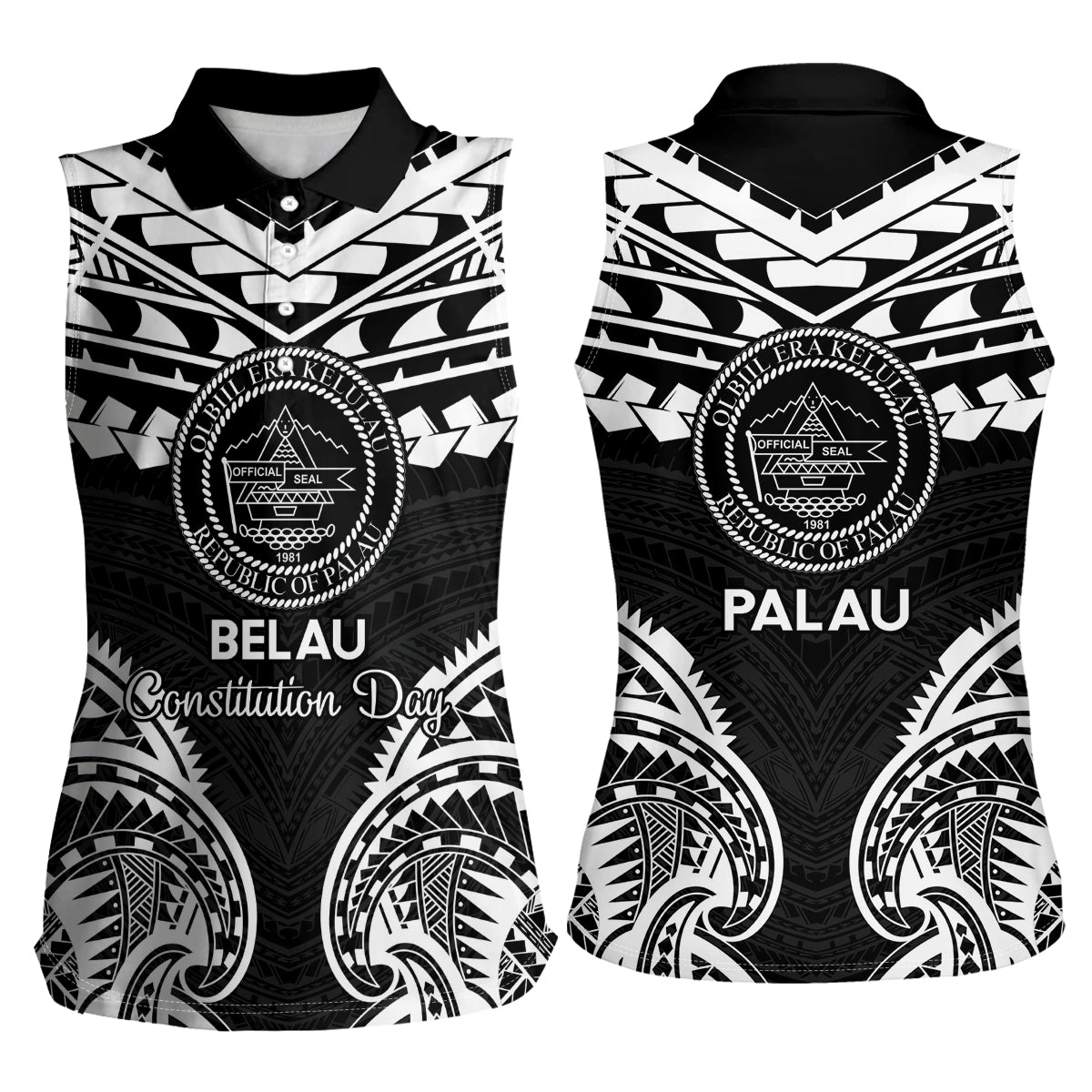 Palau Constitution Day Women Sleeveless Polo Shirt Belau Seal With Polynesian Pattern - Black