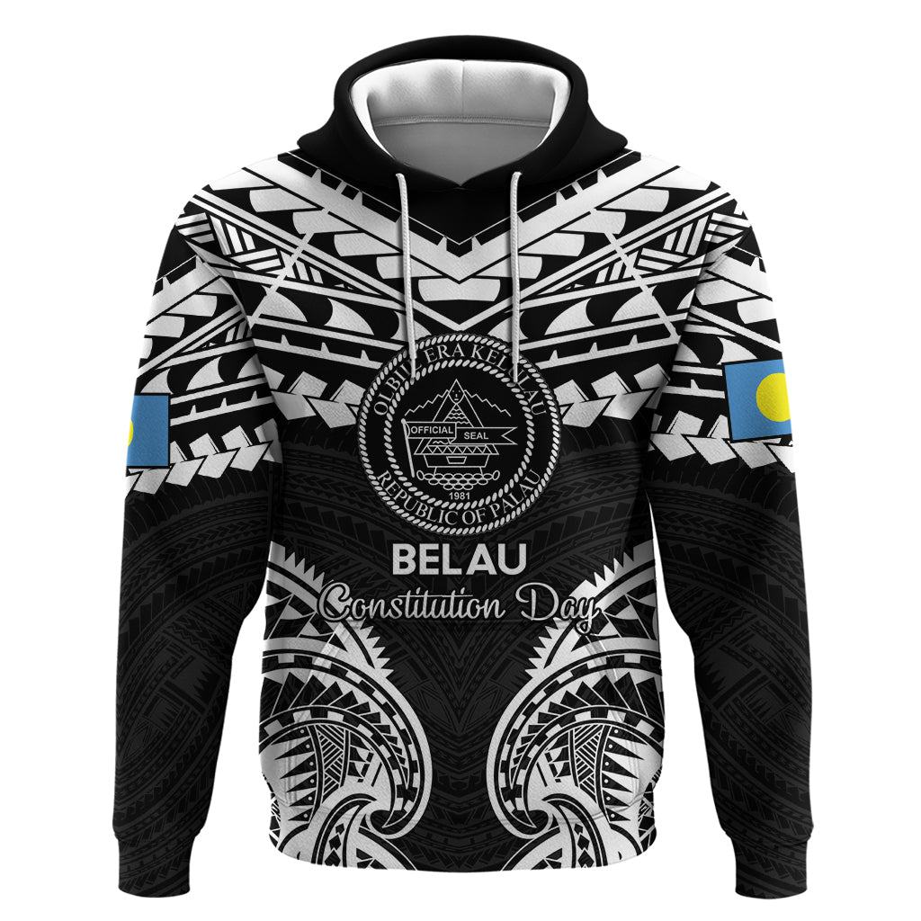 Palau Constitution Day Zip Hoodie Belau Seal With Polynesian Pattern - Black