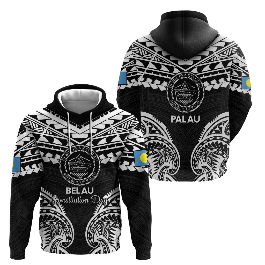 Palau Constitution Day Zip Hoodie Belau Seal With Polynesian Pattern - Black