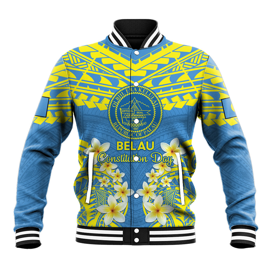 Palau Constitution Day Baseball Jacket Belau Seal With Frangipani Polynesian Pattern - Blue
