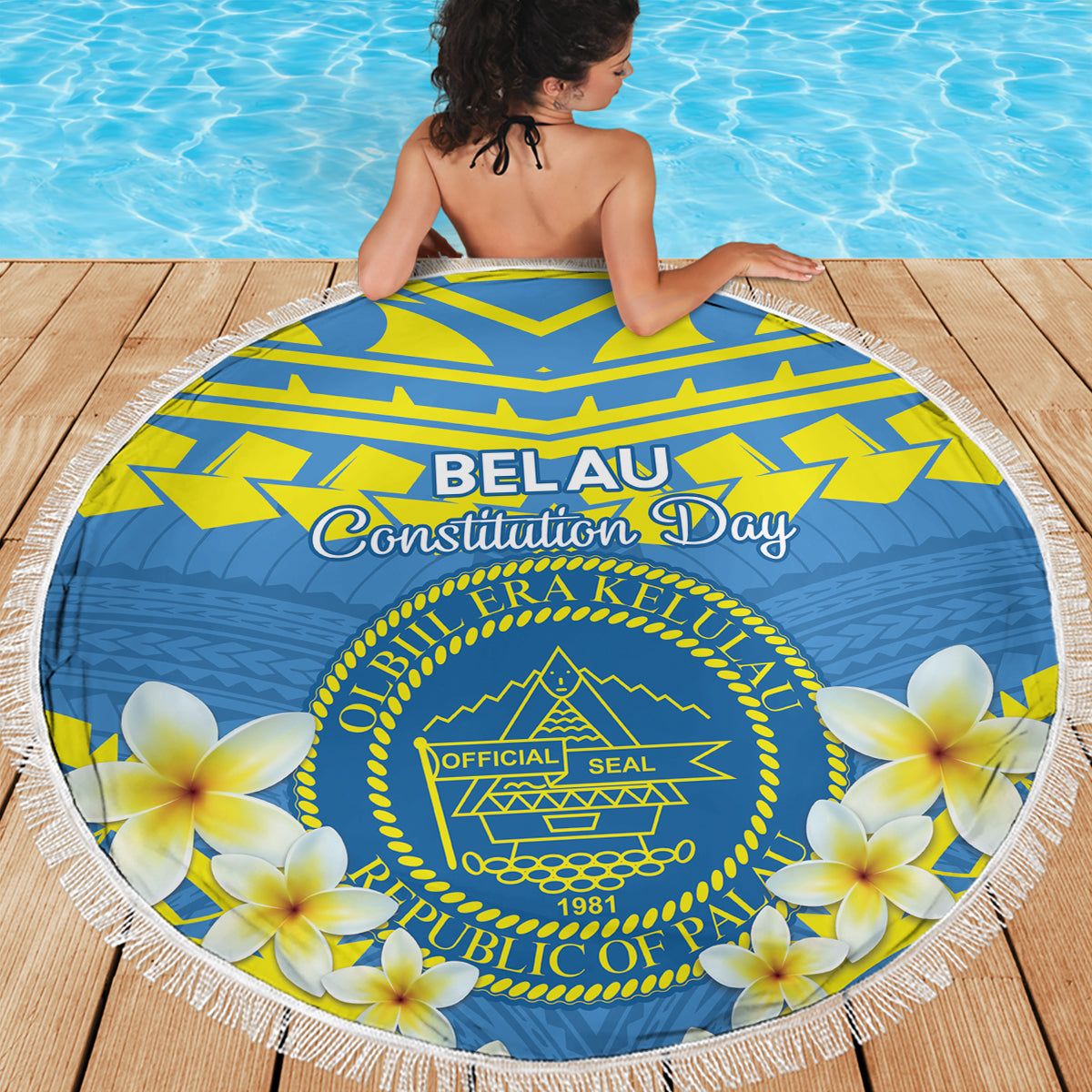 Palau Constitution Day Beach Blanket Belau Seal With Frangipani Polynesian Pattern - Blue