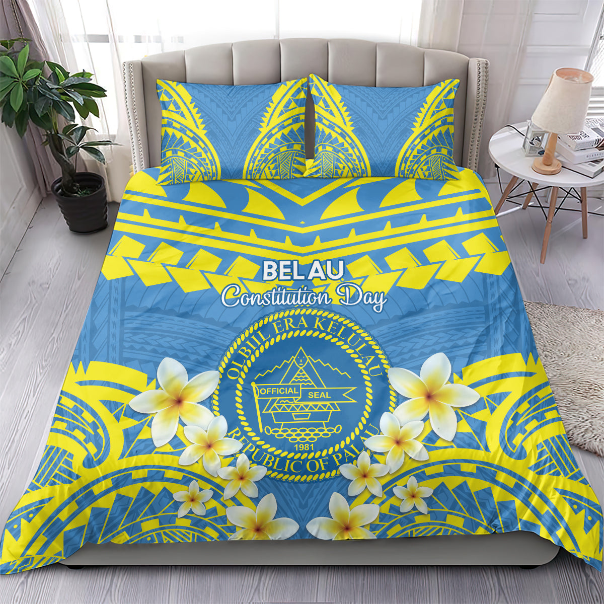 Palau Constitution Day Bedding Set Belau Seal With Frangipani Polynesian Pattern - Blue