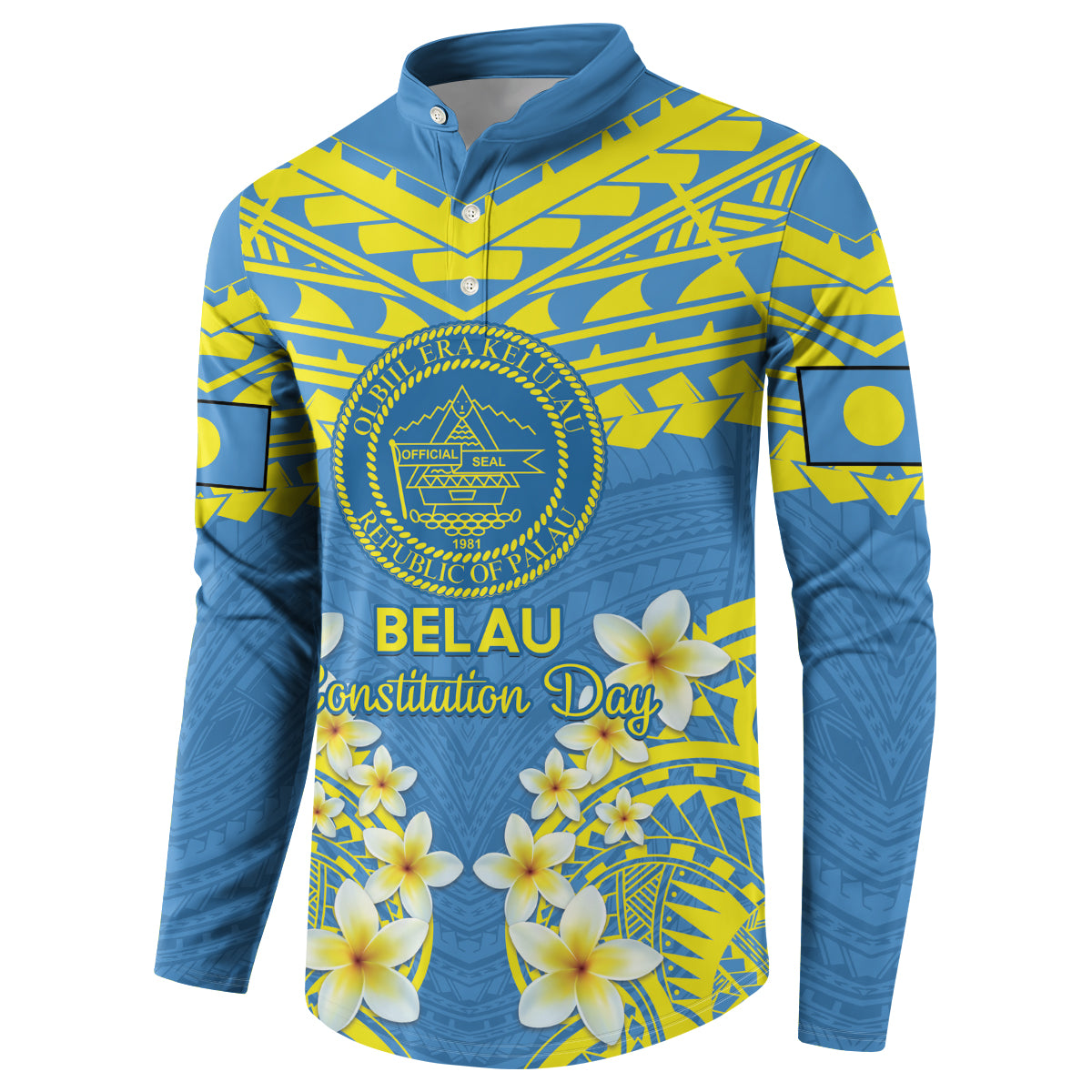 Palau Constitution Day Button Sweatshirt Belau Seal With Frangipani Polynesian Pattern - Blue