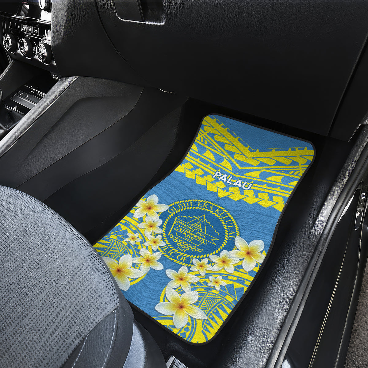 Palau Constitution Day Car Mats Belau Seal With Frangipani Polynesian Pattern - Blue