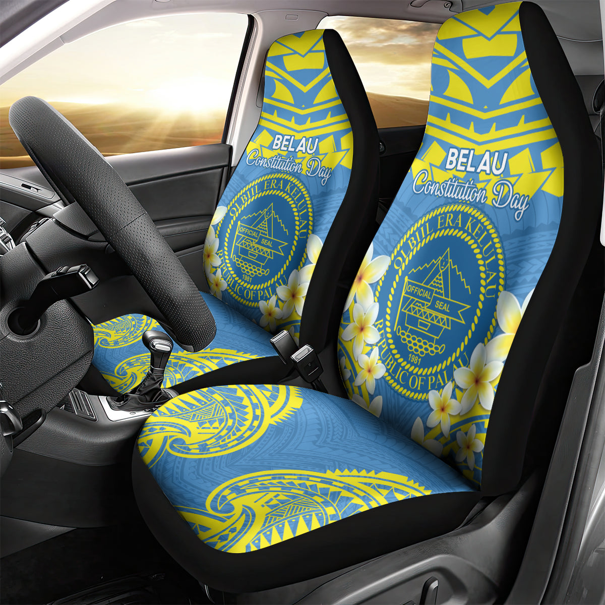 Palau Constitution Day Car Seat Cover Belau Seal With Frangipani Polynesian Pattern - Blue