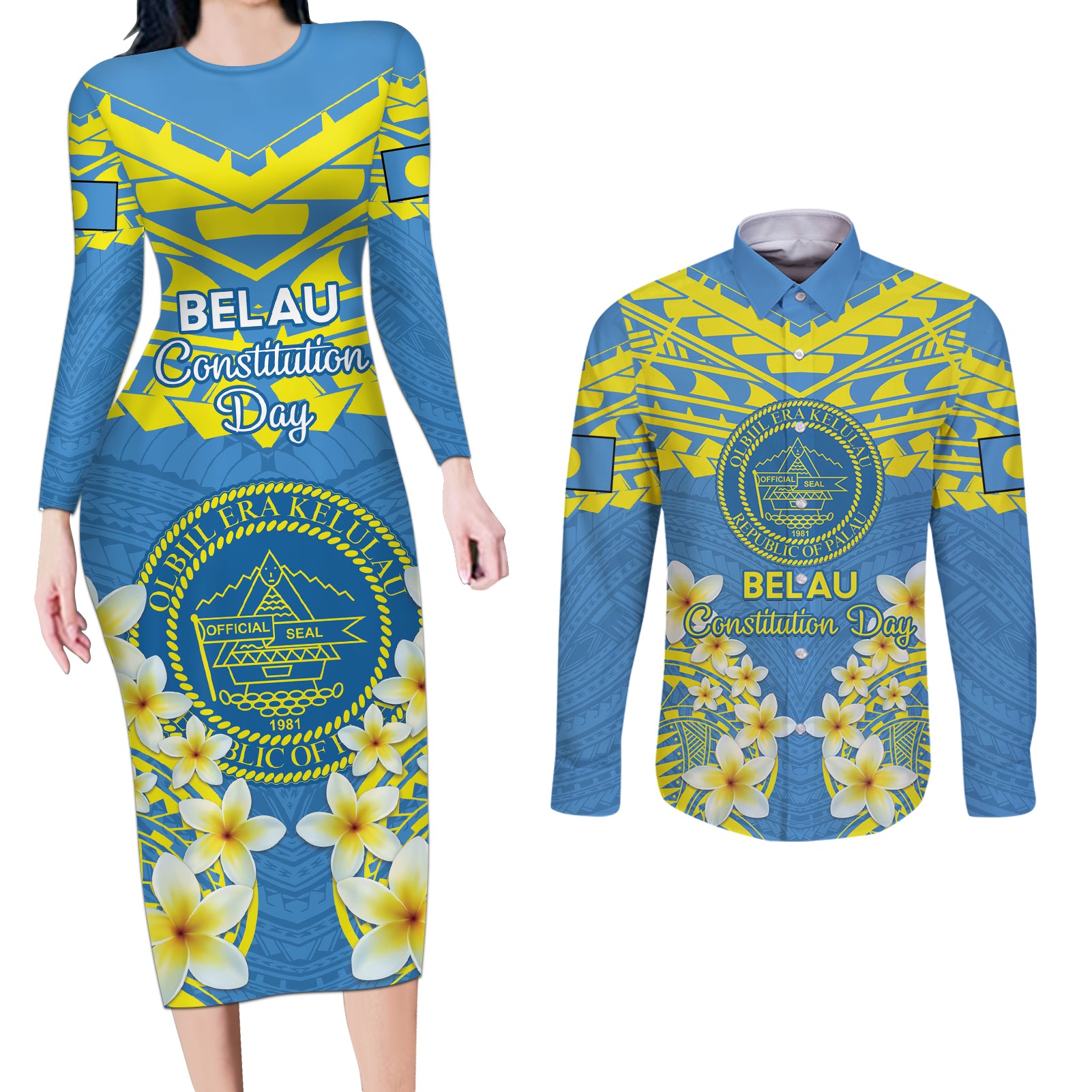 Palau Constitution Day Couples Matching Long Sleeve Bodycon Dress and Long Sleeve Button Shirt Belau Seal With Frangipani Polynesian Pattern - Blue