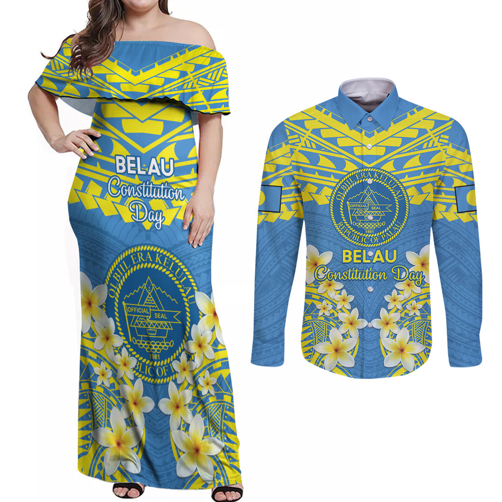 Palau Constitution Day Couples Matching Off Shoulder Maxi Dress and Long Sleeve Button Shirt Belau Seal With Frangipani Polynesian Pattern - Blue