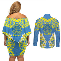 Palau Constitution Day Couples Matching Off Shoulder Short Dress and Long Sleeve Button Shirt Belau Seal With Frangipani Polynesian Pattern - Blue