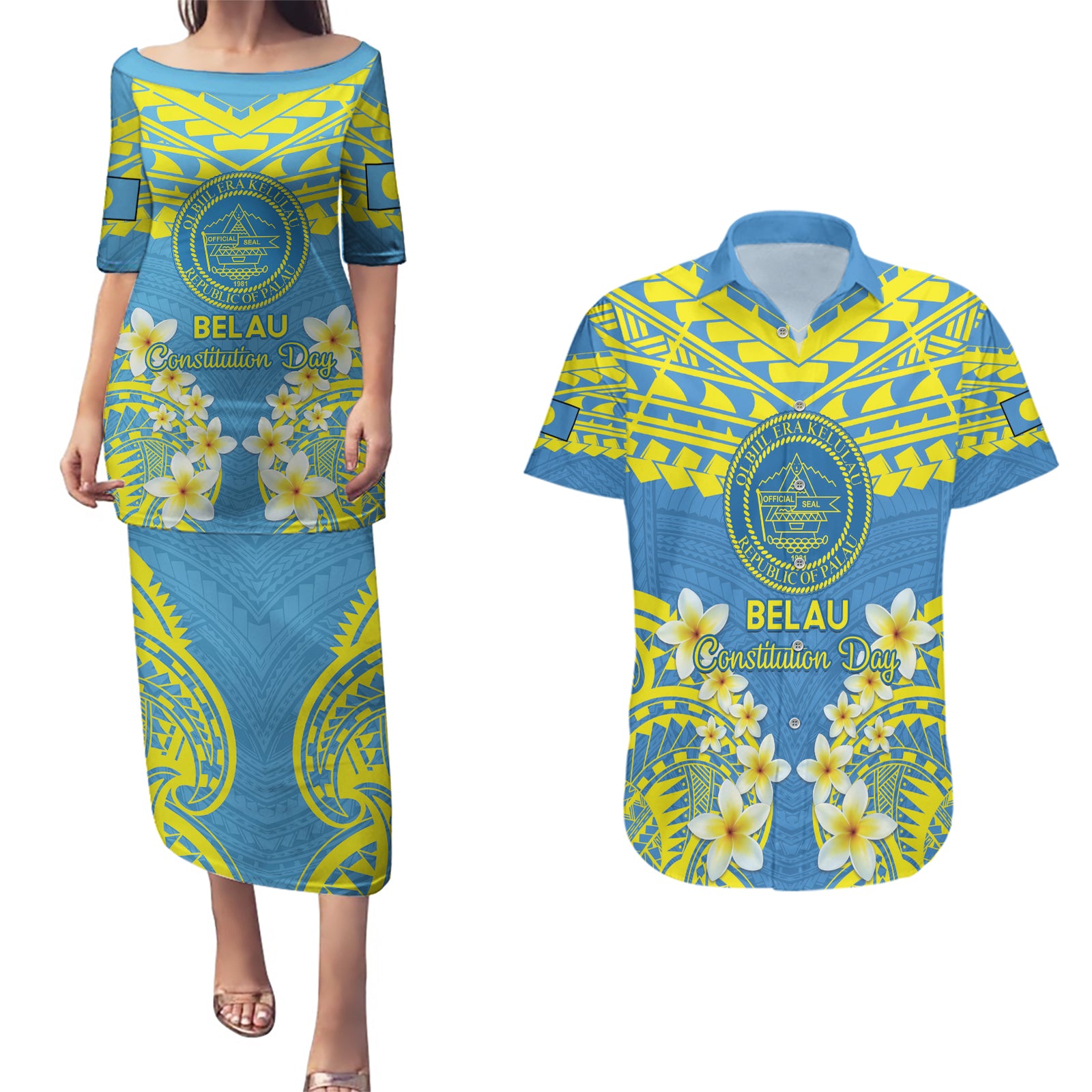 Palau Constitution Day Couples Matching Puletasi and Hawaiian Shirt Belau Seal With Frangipani Polynesian Pattern - Blue