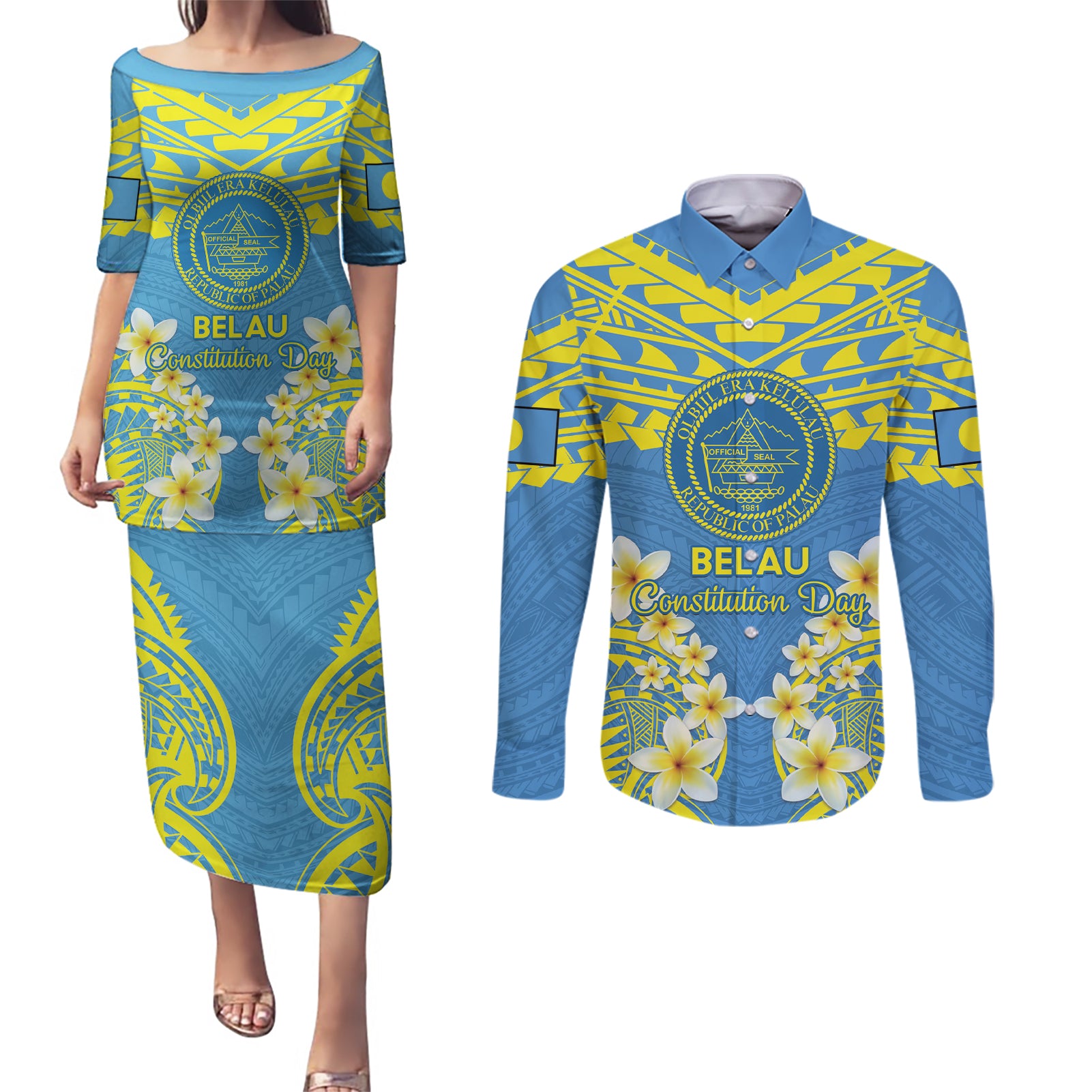 Palau Constitution Day Couples Matching Puletasi and Long Sleeve Button Shirt Belau Seal With Frangipani Polynesian Pattern - Blue