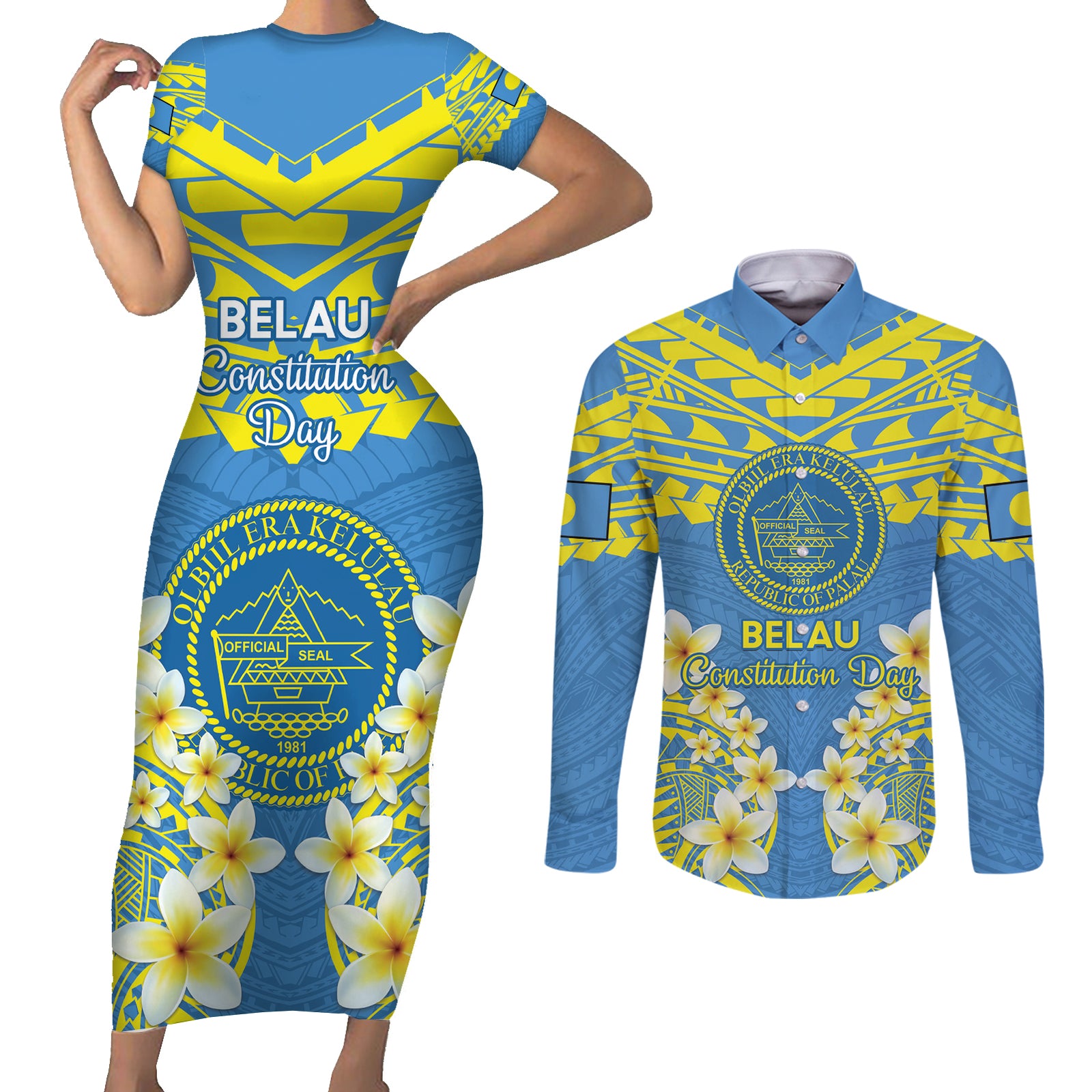 Palau Constitution Day Couples Matching Short Sleeve Bodycon Dress and Long Sleeve Button Shirt Belau Seal With Frangipani Polynesian Pattern - Blue