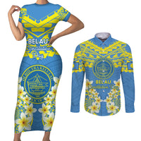 Palau Constitution Day Couples Matching Short Sleeve Bodycon Dress and Long Sleeve Button Shirt Belau Seal With Frangipani Polynesian Pattern - Blue