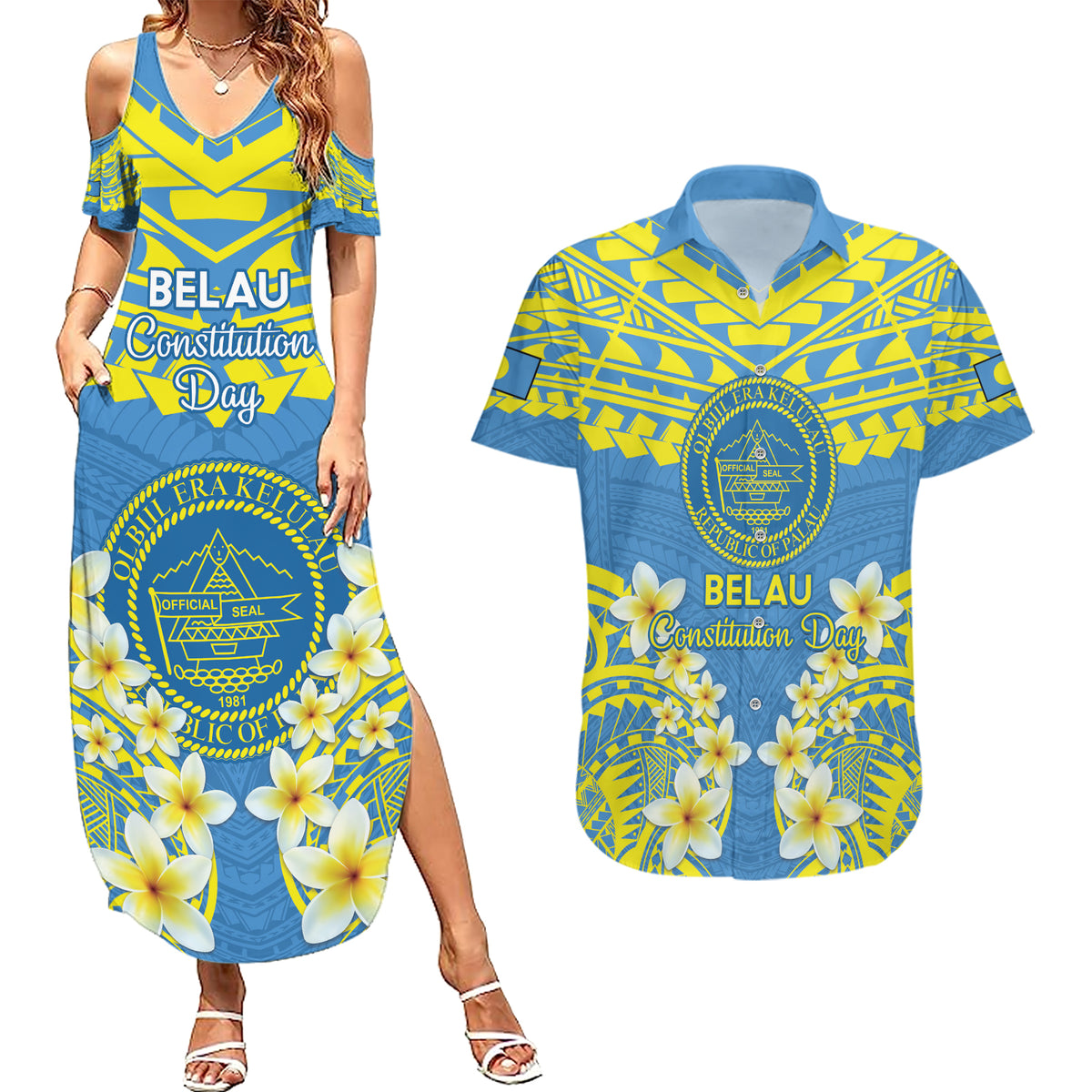 Palau Constitution Day Couples Matching Summer Maxi Dress and Hawaiian Shirt Belau Seal With Frangipani Polynesian Pattern - Blue