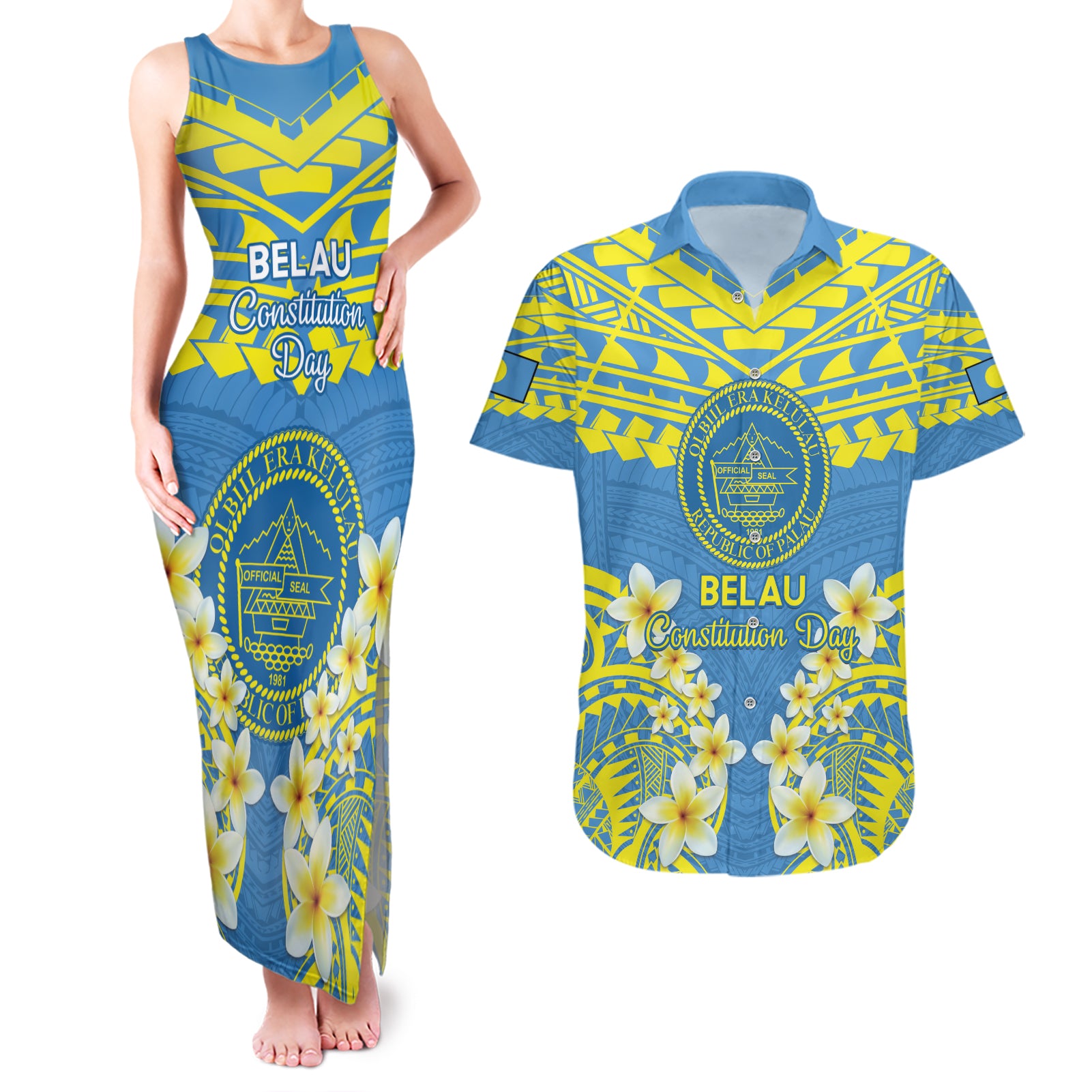 Palau Constitution Day Couples Matching Tank Maxi Dress and Hawaiian Shirt Belau Seal With Frangipani Polynesian Pattern - Blue
