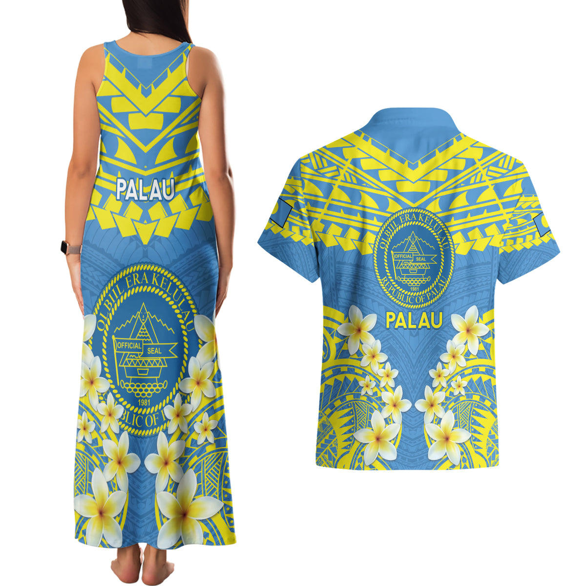 Palau Constitution Day Couples Matching Tank Maxi Dress and Hawaiian Shirt Belau Seal With Frangipani Polynesian Pattern - Blue