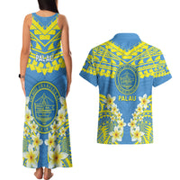 Palau Constitution Day Couples Matching Tank Maxi Dress and Hawaiian Shirt Belau Seal With Frangipani Polynesian Pattern - Blue