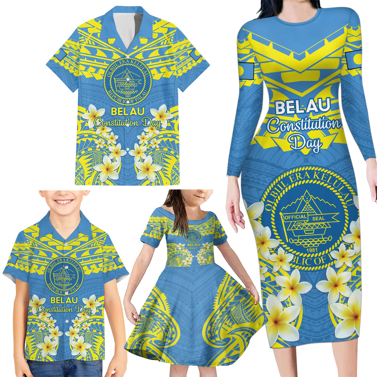 Palau Constitution Day Family Matching Long Sleeve Bodycon Dress and Hawaiian Shirt Belau Seal With Frangipani Polynesian Pattern - Blue