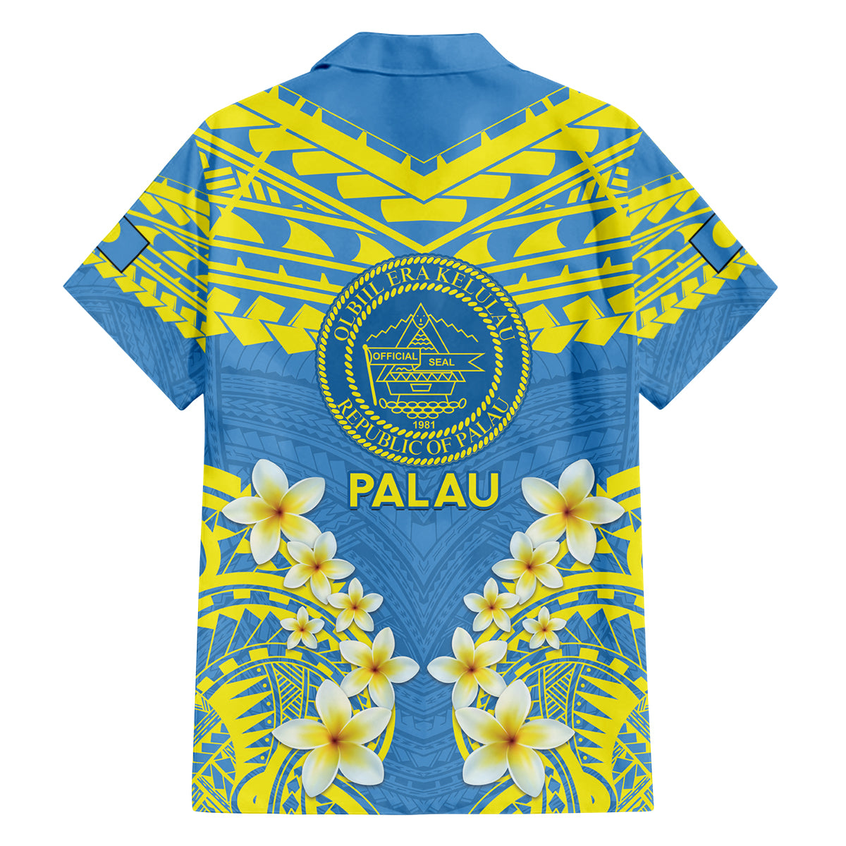 Palau Constitution Day Family Matching Long Sleeve Bodycon Dress and Hawaiian Shirt Belau Seal With Frangipani Polynesian Pattern - Blue