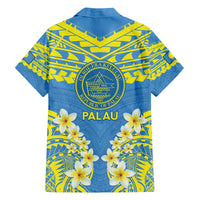Palau Constitution Day Family Matching Long Sleeve Bodycon Dress and Hawaiian Shirt Belau Seal With Frangipani Polynesian Pattern - Blue