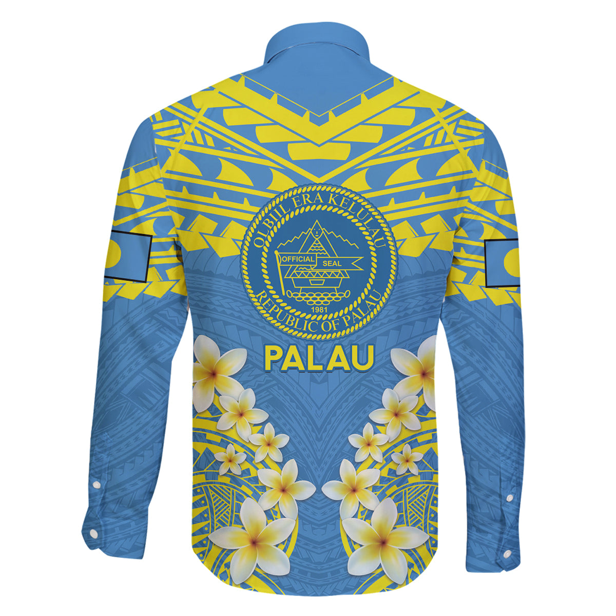 Palau Constitution Day Family Matching Long Sleeve Bodycon Dress and Hawaiian Shirt Belau Seal With Frangipani Polynesian Pattern - Blue