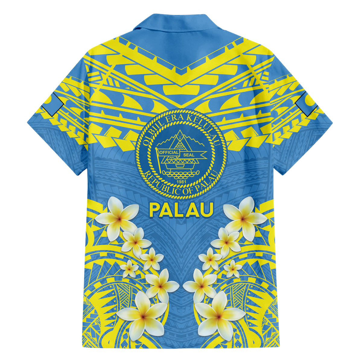 Palau Constitution Day Family Matching Short Sleeve Bodycon Dress and Hawaiian Shirt Belau Seal With Frangipani Polynesian Pattern - Blue