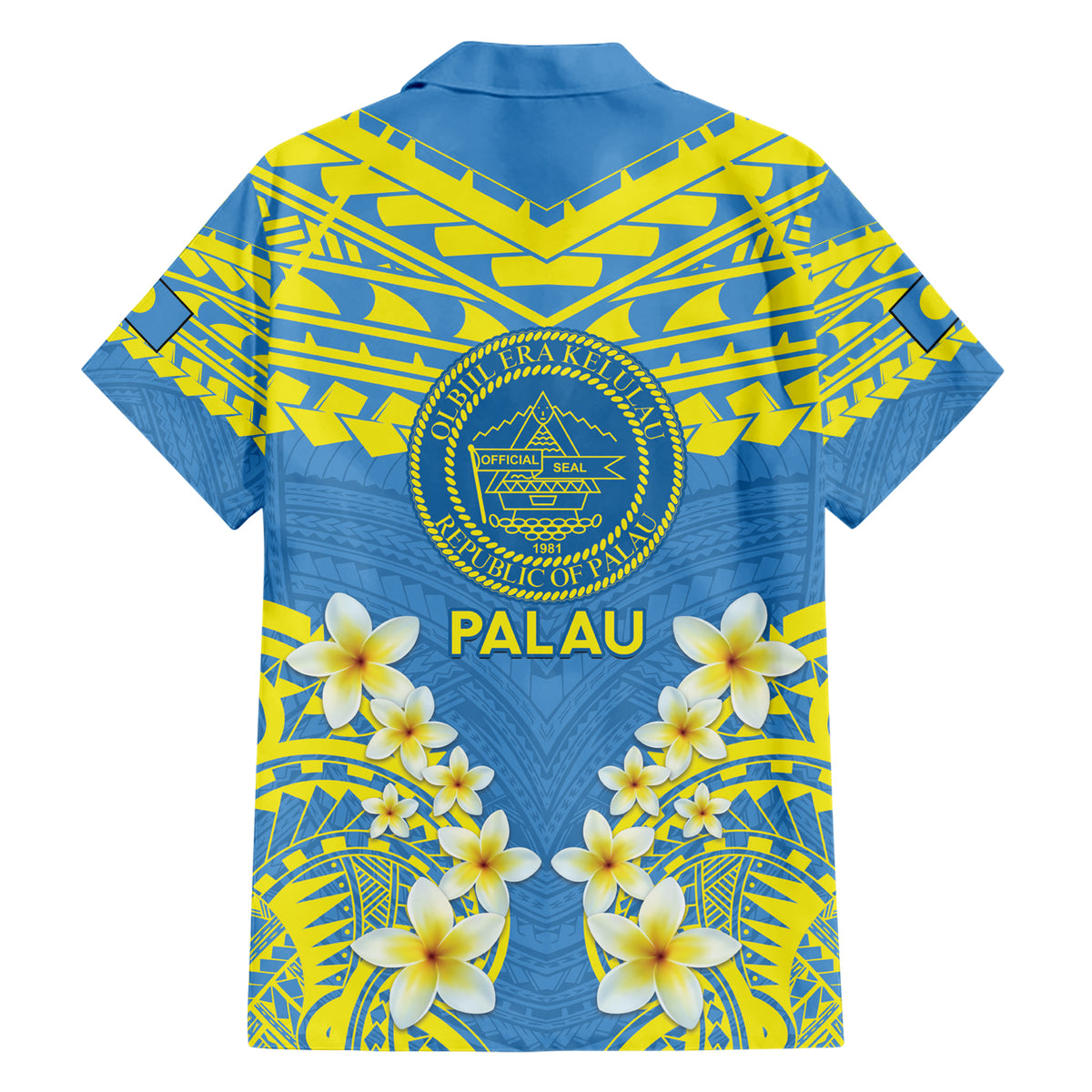 Palau Constitution Day Hawaiian Shirt Belau Seal With Frangipani Polynesian Pattern - Blue