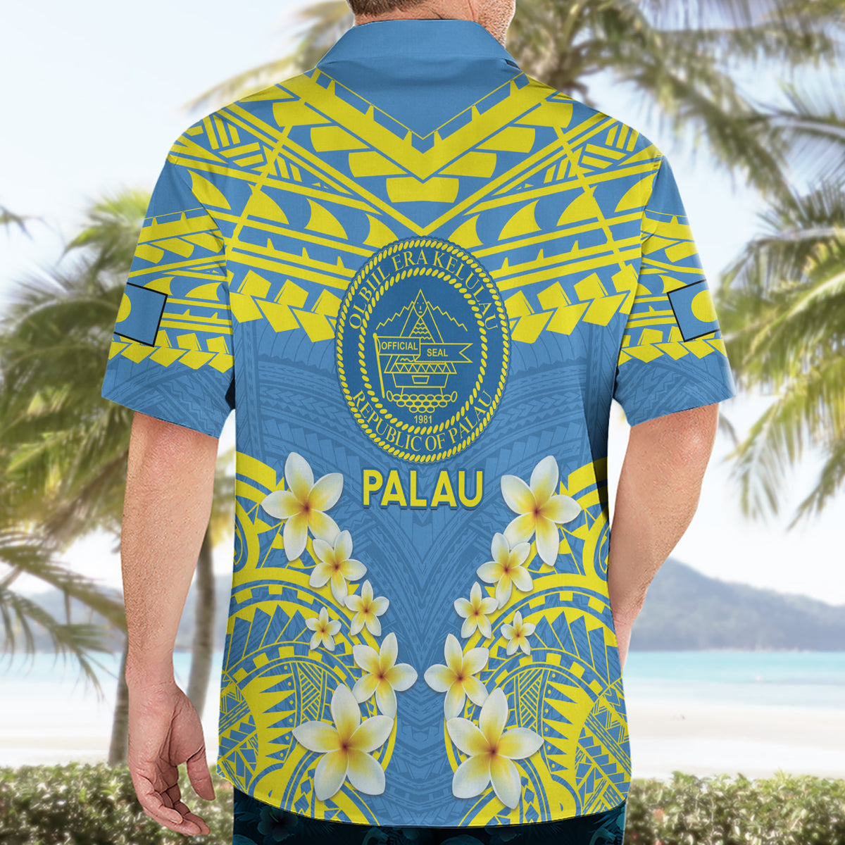 Palau Constitution Day Hawaiian Shirt Belau Seal With Frangipani Polynesian Pattern - Blue