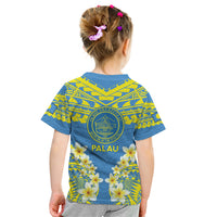 Palau Constitution Day Kid T Shirt Belau Seal With Frangipani Polynesian Pattern - Blue