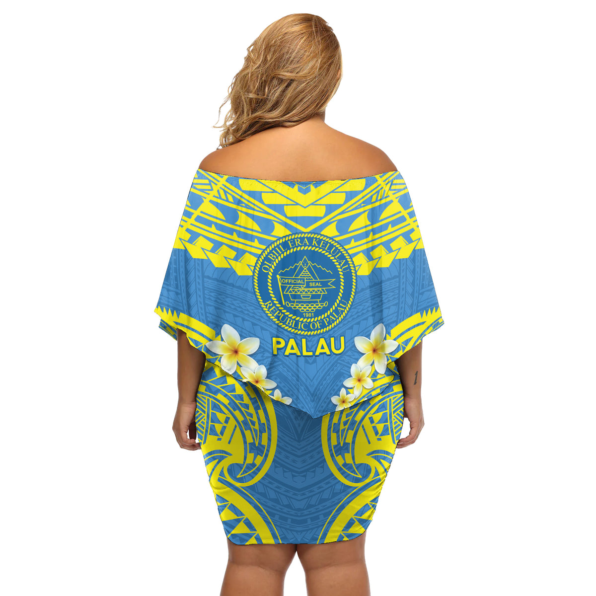 Palau Constitution Day Off Shoulder Short Dress Belau Seal With Frangipani Polynesian Pattern - Blue