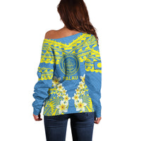 Palau Constitution Day Off Shoulder Sweater Belau Seal With Frangipani Polynesian Pattern - Blue