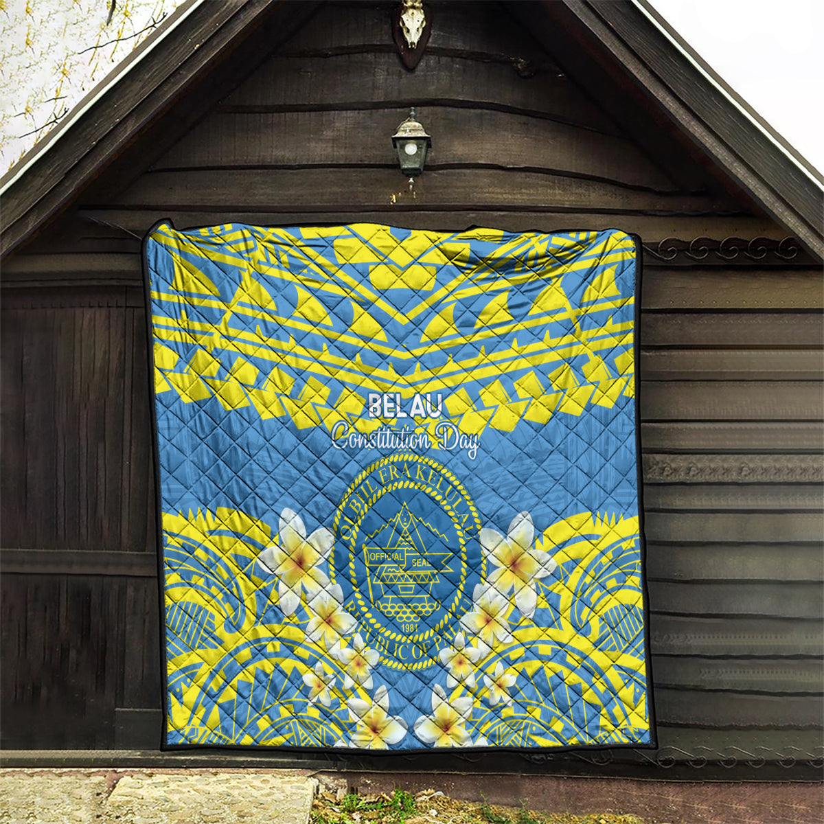 Palau Constitution Day Quilt Belau Seal With Frangipani Polynesian Pattern - Blue