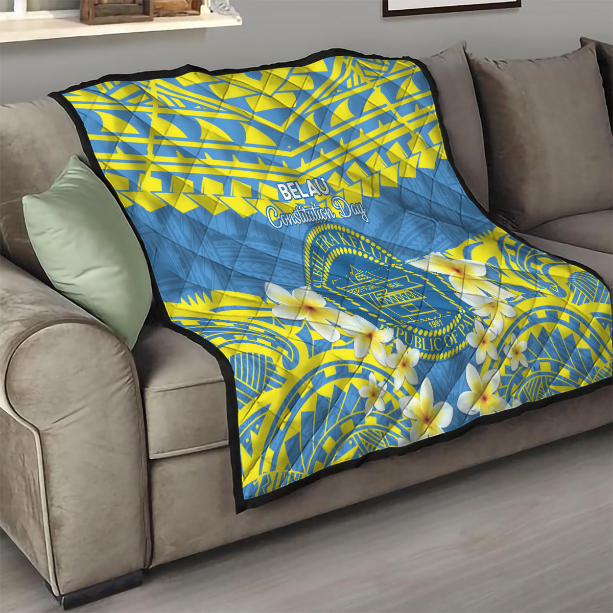Palau Constitution Day Quilt Belau Seal With Frangipani Polynesian Pattern - Blue