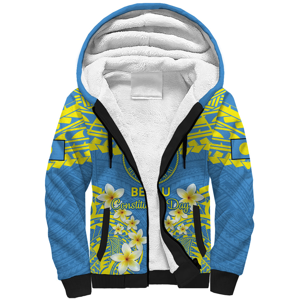 Palau Constitution Day Sherpa Hoodie Belau Seal With Frangipani Polynesian Pattern - Blue