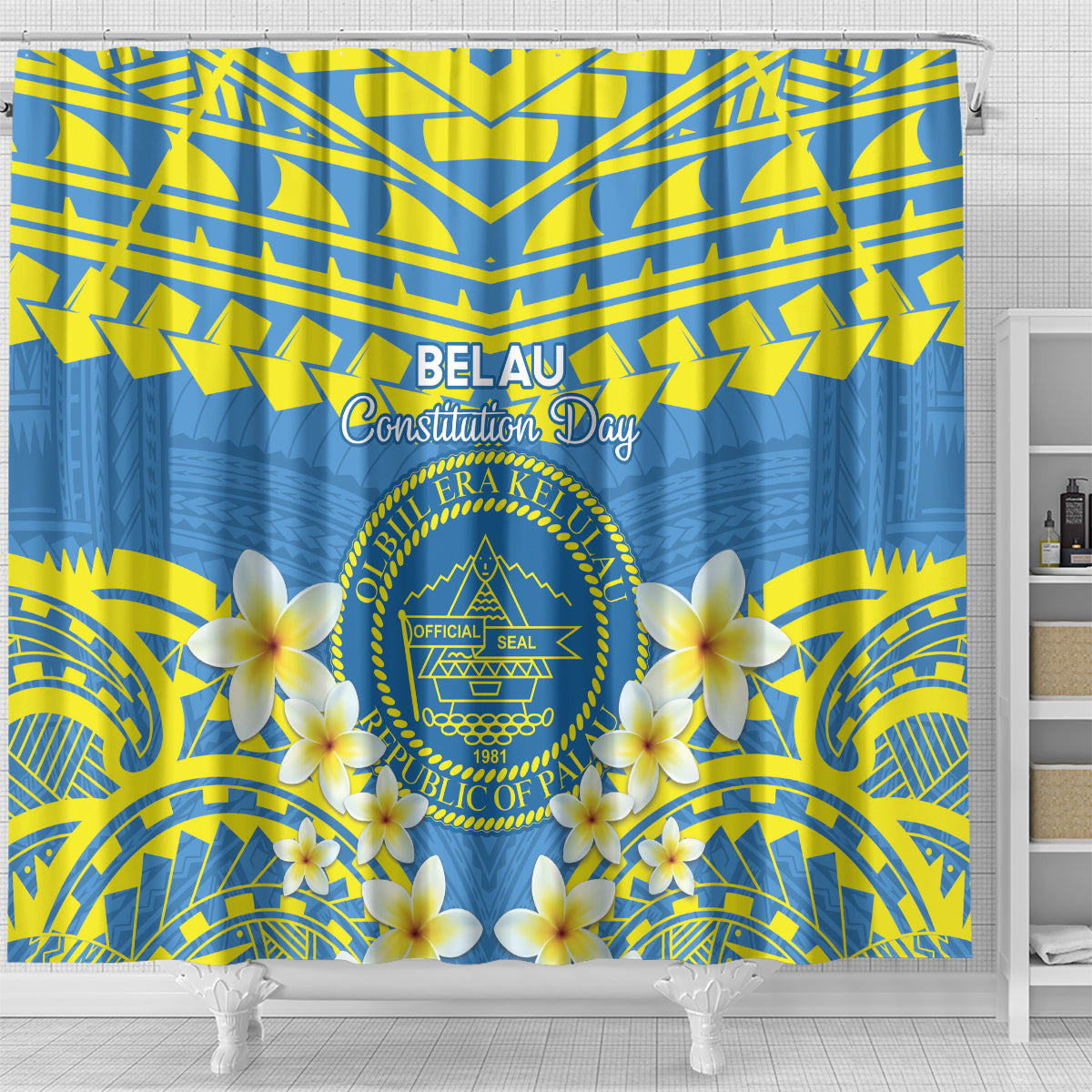 Palau Constitution Day Shower Curtain Belau Seal With Frangipani Polynesian Pattern - Blue