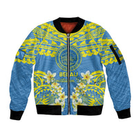 Palau Constitution Day Sleeve Zip Bomber Jacket Belau Seal With Frangipani Polynesian Pattern - Blue