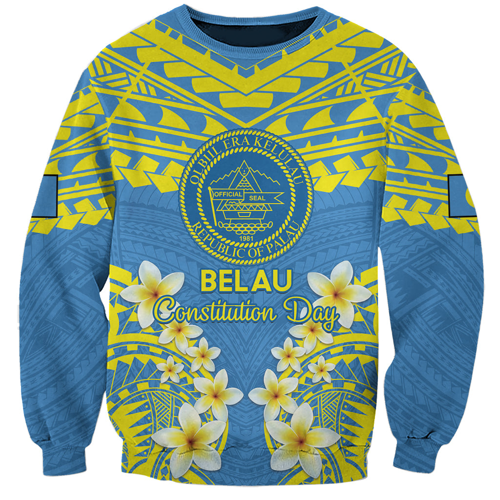 Palau Constitution Day Sweatshirt Belau Seal With Frangipani Polynesian Pattern - Blue