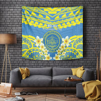 Palau Constitution Day Tapestry Belau Seal With Frangipani Polynesian Pattern - Blue